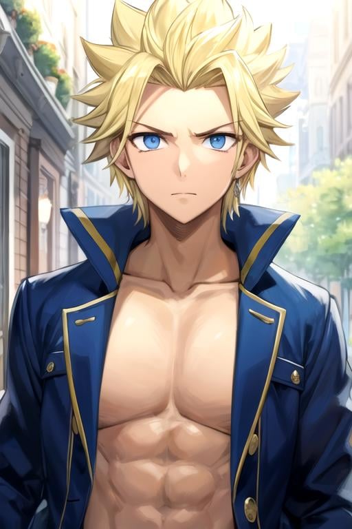 masterpiece, best quality, , 1boy, solo, male focus, looking at viewer, upper body, depth of field, ligne claire, , <lora:sting_eucliffe:0.68>, sting_eucliffe, blonde hair, blue eyes, spiked hair, pea coat, , , 2k resolution