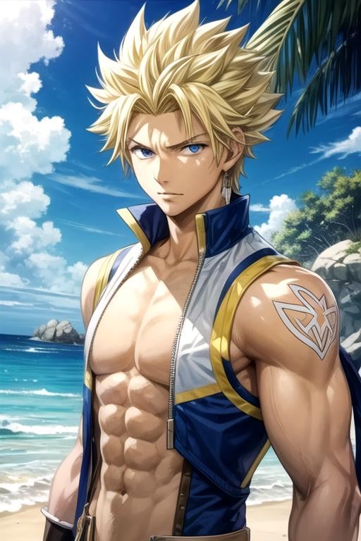 masterpiece, best quality, game cg, 1boy, solo, male focus, looking at viewer, upper body, , anime coloring, realistic, <lora:sting_eucliffe:0.70>, sting_eucliffe, blonde hair, blue eyes, spiked hair, , A tropical paradise where the sun shines brightly every day, HD