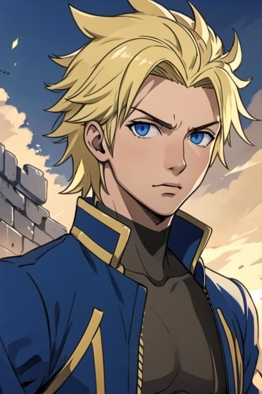 masterpiece, best quality, game cg, 1boy, solo, male focus, looking at viewer, upper body, , ligne claire, realistic, <lora:sting_eucliffe:0.66>, sting_eucliffe, blonde hair, blue eyes, , jacket, , ancient greece,