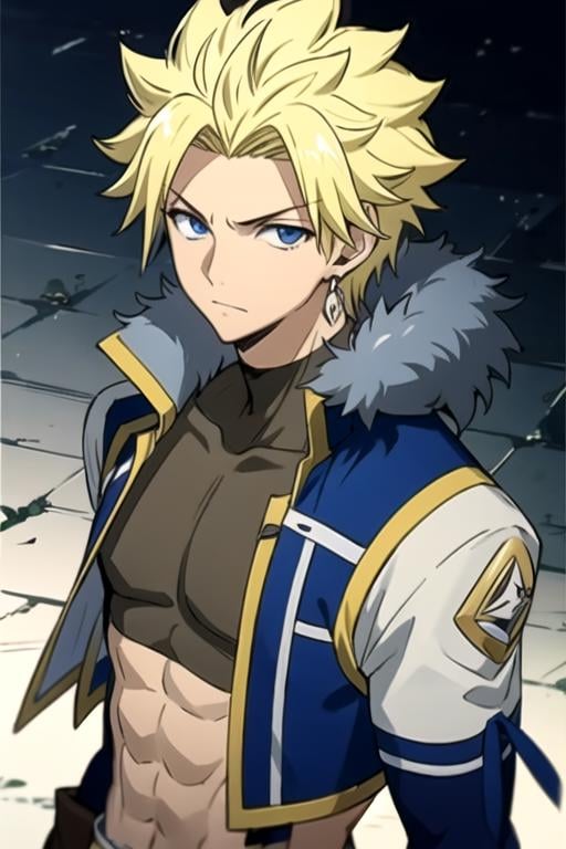 masterpiece, best quality, game cg, 1boy, solo, male focus, looking at viewer, upper body, depth of field, ligne claire, , <lora:sting_eucliffe:0.74>, sting_eucliffe, blonde hair, blue eyes, spiked hair, swashbuckler costume, ,