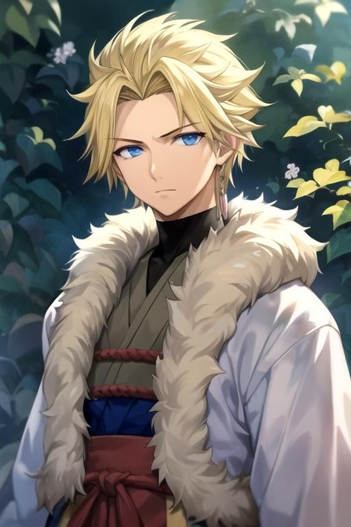 masterpiece, best quality, illustration, 1boy, solo, male focus, looking at viewer, upper body, depth of field, ligne claire, realistic, <lora:sting_eucliffe:0.72>, sting_eucliffe, blonde hair, blue eyes, , , feudal japan,