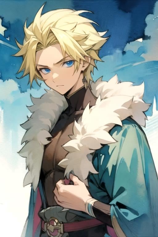 masterpiece, best quality, photorealistic, 1boy, solo, male focus, looking at viewer, , , (watercolor illustration, soft pastel colors:1.1), , <lora:sting_eucliffe:0.66>, sting_eucliffe, blonde hair, blue eyes, , dwarf costume, alternate history,