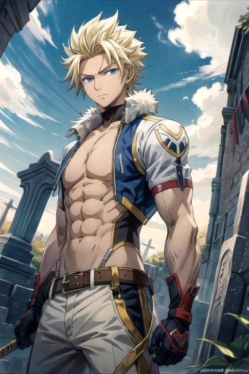 masterpiece, best quality, illustration, 1boy, solo, male focus, looking at viewer, , , , , <lora:sting_eucliffe:0.68>, sting_eucliffe, blonde hair, blue eyes, spiked hair, mackintosh, , graveyard, High definition