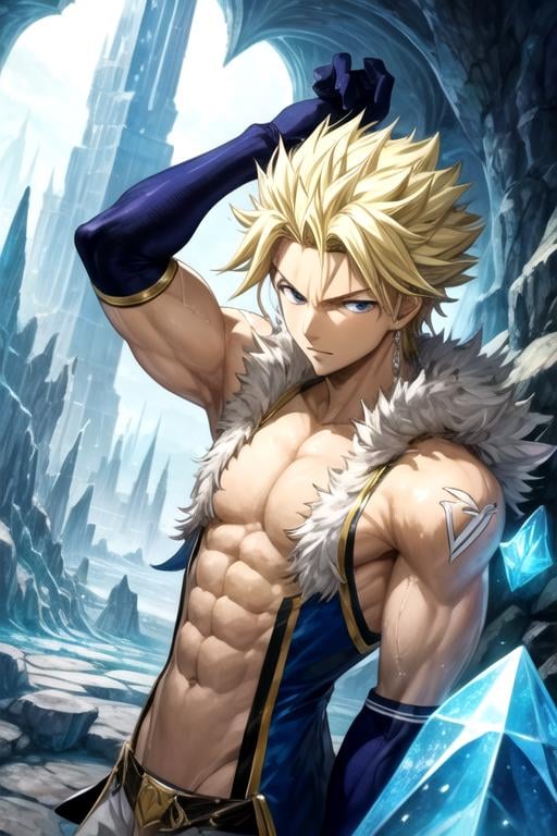 masterpiece, best quality, , 1boy, solo, male focus, looking at viewer, upper body, , anime coloring, , <lora:sting_eucliffe:0.74>, sting_eucliffe, blonde hair, blue eyes, spiked hair, graduation costume, The Crystal Cave: A fantastical place where gemstones and crystals grow in abundance,