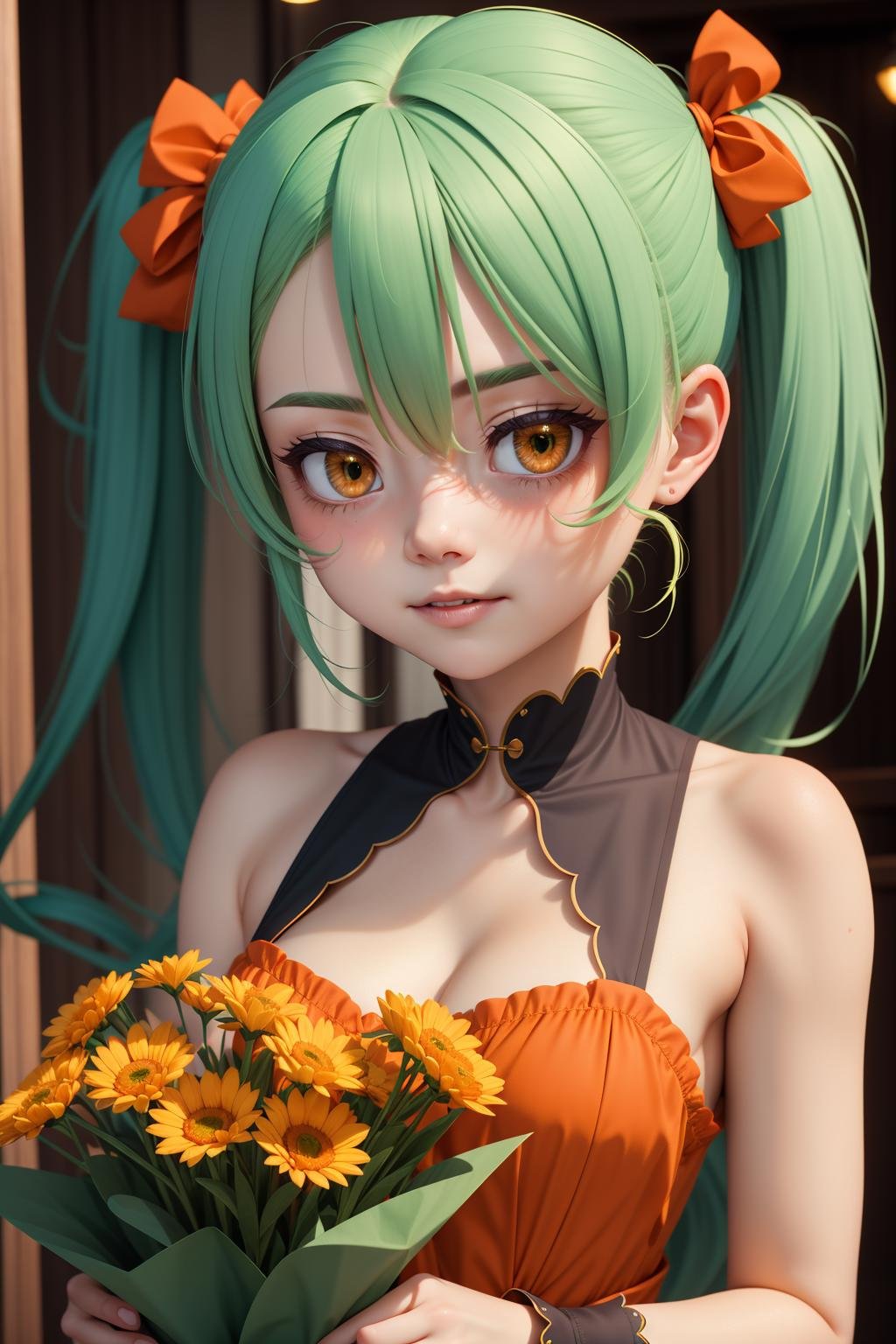 ((best quality)), ((masterpiece)), (detailed), 1girl, grimace,  florist, orange eyes, light green hair, uneven twintails, sideways,8k resolution /