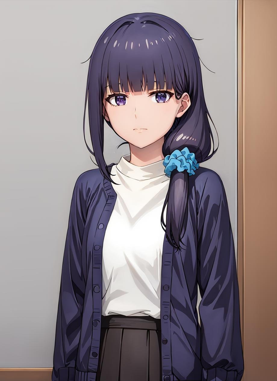 masterpiece, best quality, ultra-detailed, illustration, <lora:gundouMisuzuTomoChanIs_v12:0.9>, 1girl, solo, gundou_misuzu-lp, purple hair, purple eyes, low ponytail, hair over shoulder, single sidelock, hair scrunchie, blue scrunchie, asymmetrical hair, hair strand