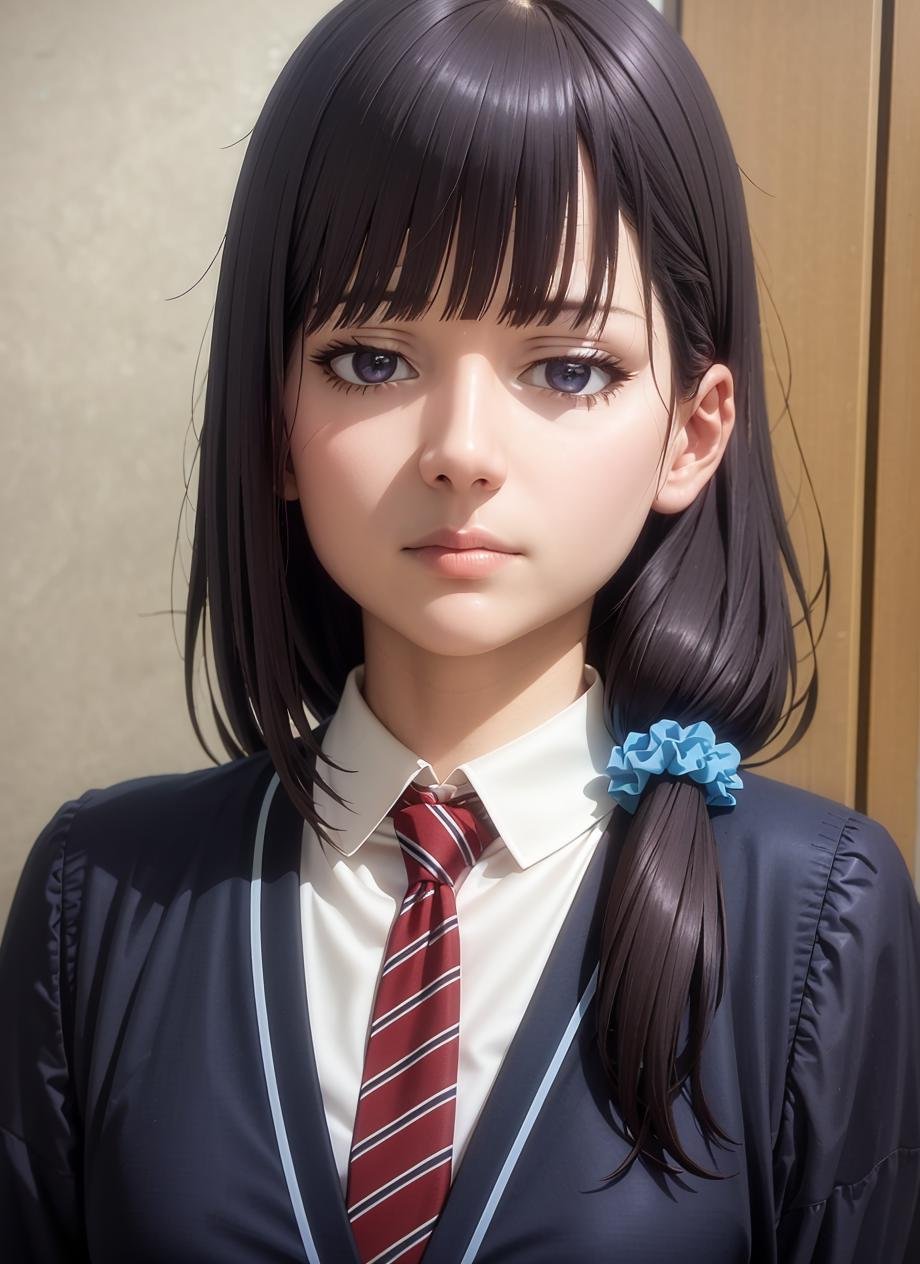 (realistic:1.5), <lora:gundouMisuzuTomoChanIs_v12:0.6>, gundou_misuzu-lp, 1girl, solo, purple hair, purple eyes, low ponytail, hair over shoulder, single sidelock, hair scrunchie, blue scrunchie, asymmetrical hair, hair strand, blue sweater, long sleeves, collared shirt, white shirt, necktie, portrait, indoors, (shaded face), expressionless