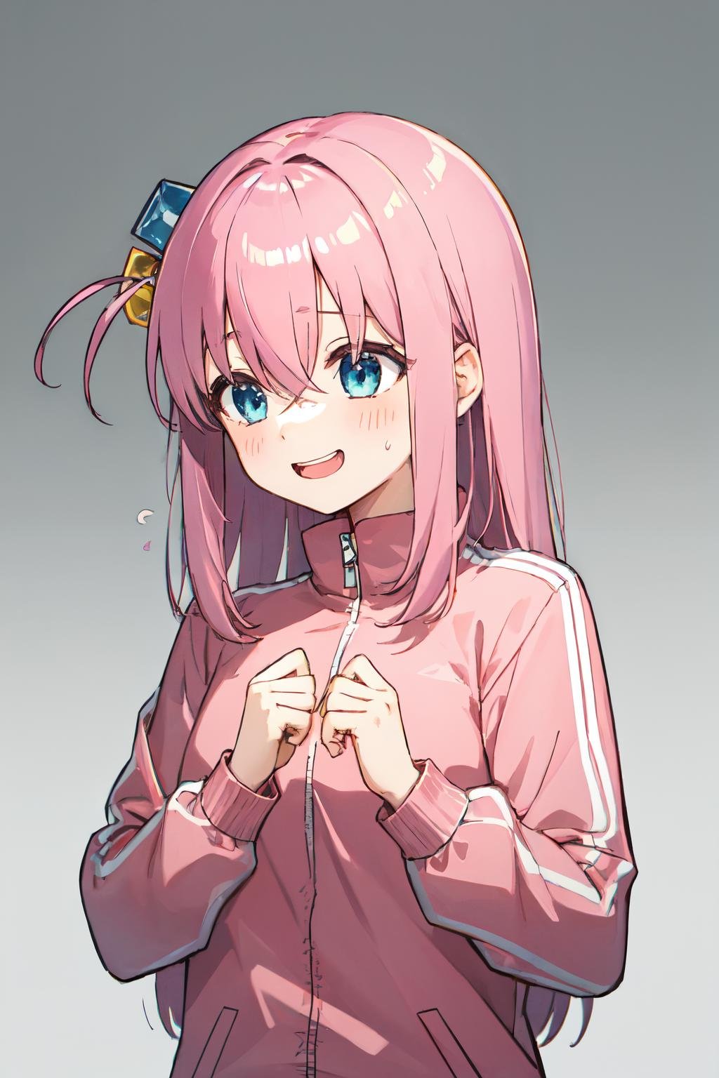 gotoh hitori, 1girl, solo, long hair, smile, open mouth, blue eyes, simple background, long sleeves, white background, hair between eyes, upper body, pink hair, v, one side up, trembling, shaded face, track jacket, double v, nervous, nervous smile, cube hair ornament, pink track jacket <lora:gotoh_hitori:1>