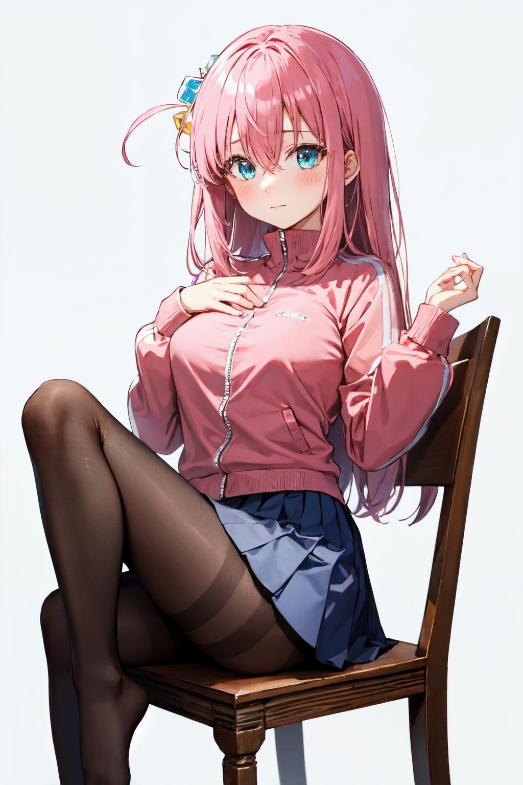 gotoh hitori, 1girl, solo, long hair, looking at viewer, blush, blue eyes, large breasts, simple background, long sleeves, hair between eyes, sitting, closed mouth, pink hair, pantyhose, pleated skirt, black skirt, one side up, hand on own chest, white background, grey skirt,  invisible chair, cube hair ornament, pink track jacket  <lora:gotoh_hitori:1>