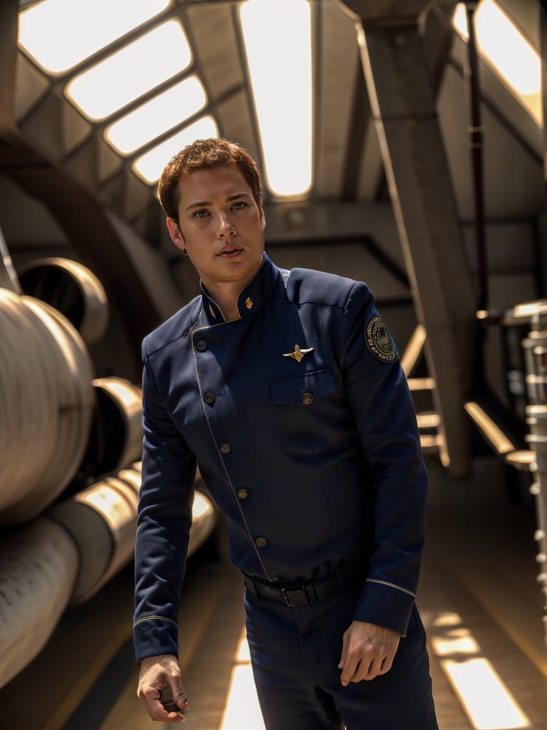 worried ginger man dressed in Battlestarofficer is inspecting a spaceship hangar ,navy blue suit,RAW photo, 8k uhd, dslr, soft lighting, high quality, film grain, higly detailed face,ultra detailed,masterpiece quality,Fujifilm XT3