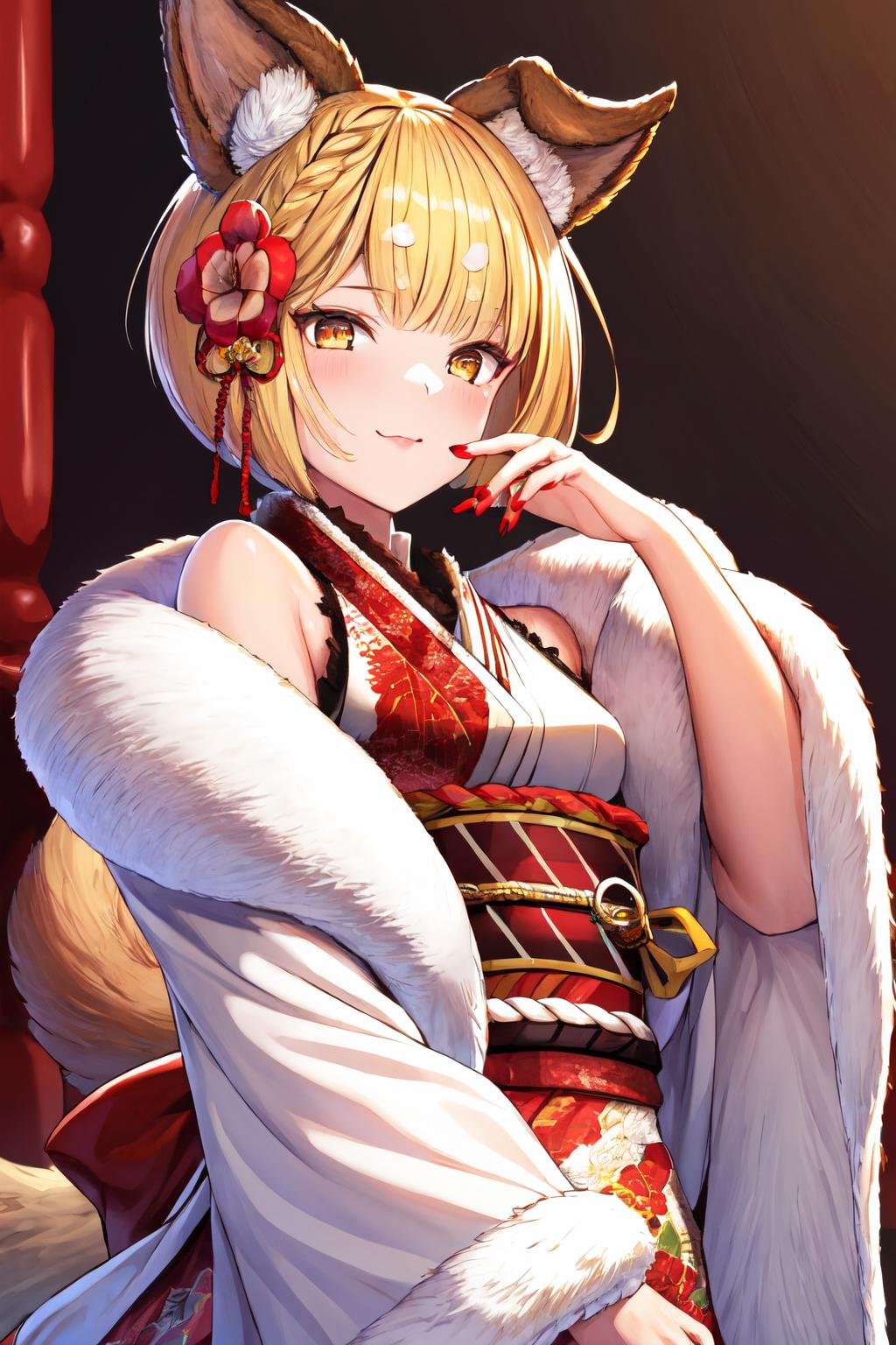 masterpiece, (detailed, highres, best quality), 1girl, vajrarr, dog tail, red hair flower, red nails, white obi, white kimono, japanese clothes, floral print, white detached sleeves, wide sleeves, long sleeves, fur trim, sash <lora:gbfVajra-03:1>