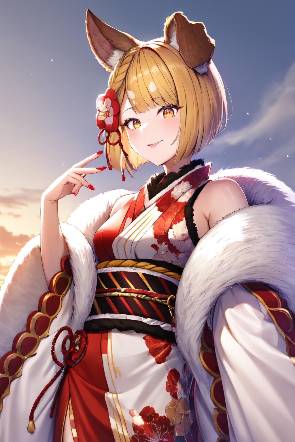 masterpiece, (detailed, highres, best quality), 1girl, vajrarr, dog tail, red hair flower, red nails, white obi, white kimono, japanese clothes, floral print, white detached sleeves, wide sleeves, long sleeves, fur trim, sash <lora:gbfVajra-03:1>