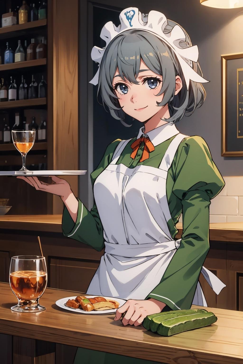 masterpiece, best quality, <lora:syrflova-nvwls-v1-000009:0.9> syr flova, grey hair, maid headdress, green dress, apron, smile, happy, closed mouth, holding tray, bar, tavern