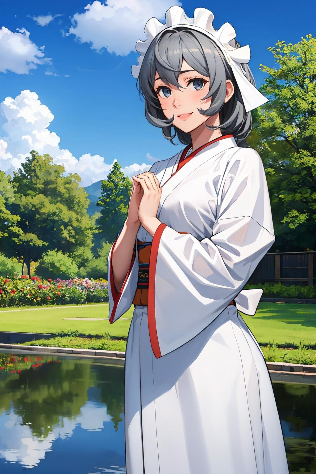 masterpiece, best quality, <lora:syrflova-nvwls-v1-000009:0.9> syr flova, grey hair, maid headdress, white kimono, garden, pond, smile, own hands together, sky, clouds, standing, looking at viewer