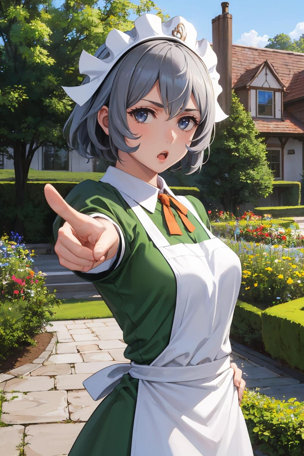 masterpiece, best quality, <lora:syrflova-nvwls-v1-000009:0.9> syr flova, grey hair, maid headdress, green dress, apron, furrowed brow, :o, pointing at viewer, looking at viewer, tavern, outdoors, garden