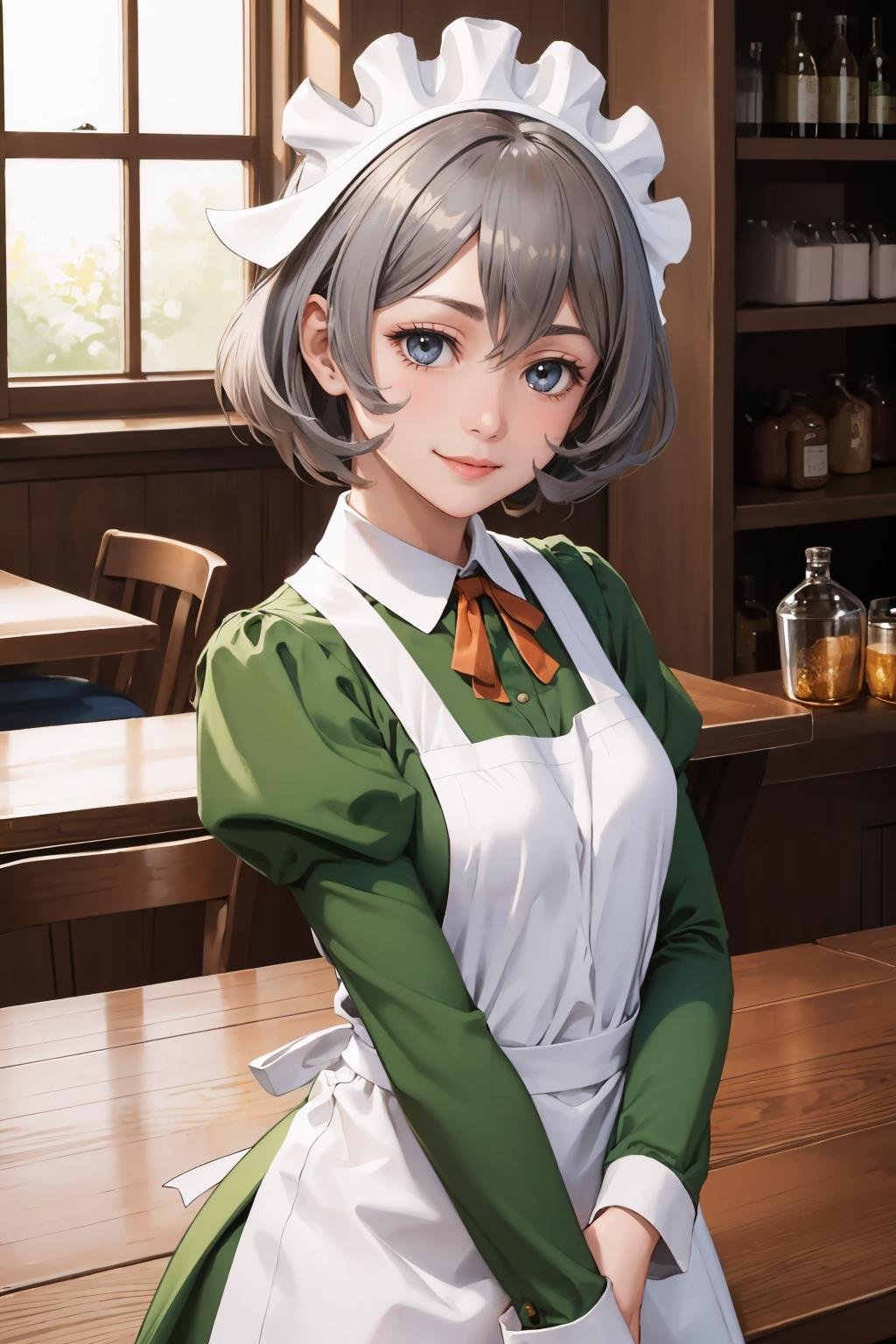 masterpiece, best quality, <lora:syrflova-nvwls-v1-000009:0.9> syr flova, grey hair, maid headdress, green dress, apron, smile, happy, closed mouth, tavern, table, standing, looking at viewer, cowboy shot