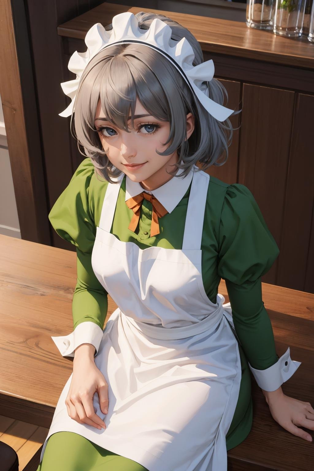 masterpiece, best quality, <lora:syrflova-nvwls-v1-000009:0.9> syr flova, grey hair, maid headdress, green dress, apron, smile, happy, closed mouth, tavern, table, sitting, from above, tired