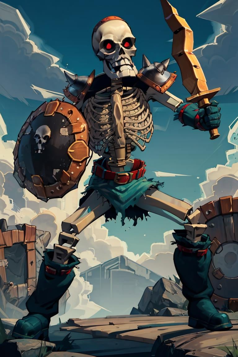 ((masterpiece,best quality)), absurdres,<lora:Stalfos_Zelda_OOT_Anime:1>, Stalfos_Zelda_OOT, skeleton, solo, 1boy, skull, armor, red eyes, no humans, ribs, belt, boots, spikes, shield, sword, solo, smiling, looking at viewer, cowboy shot, cinematic composition, dynamic pose,