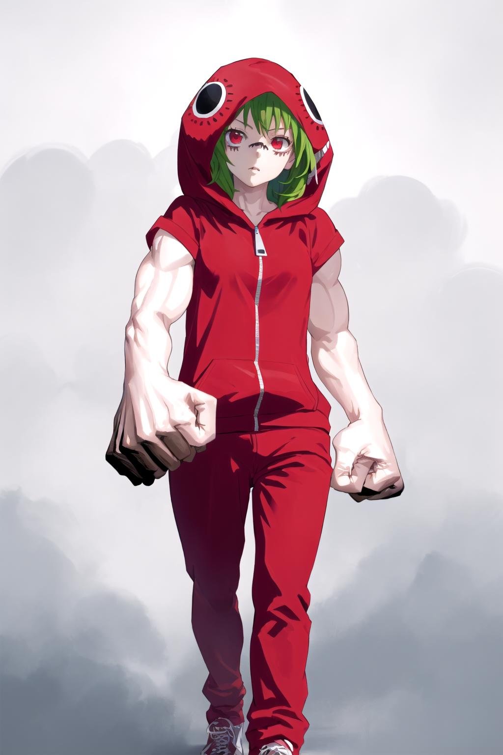 masterpiece, best quality, <lora:mdyk-000071:1>, mdyk, oversized forearms, muscular arms, sleeveless, 1girl, <lora:vocaloid_matryoshka:1>, matrygumi, red hoodie, hood, (glove:0.75)