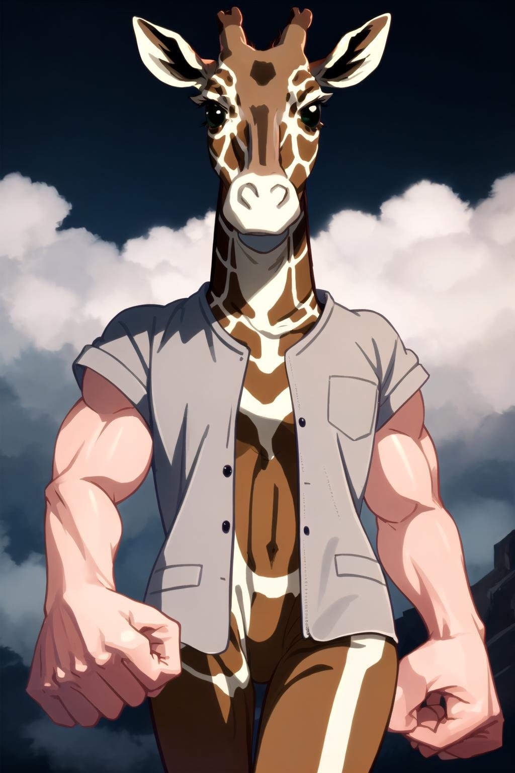 masterpiece, best quality, <lora:mdyk-000071:1>, mdyk, oversized forearms, muscular arms,  <lora:revueGiraffe:0.65>, giraffe \(revue starlight\)