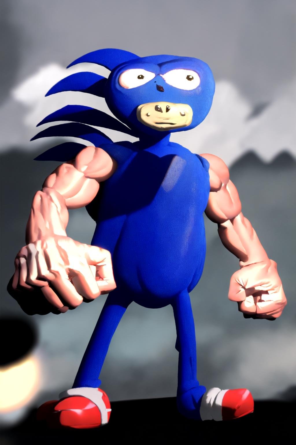 masterpiece, best quality, <lora:mdyk-000071:1>, mdyk, oversized forearms, muscular arms, sleeveless, <lora:Sonic:1>, Sanic