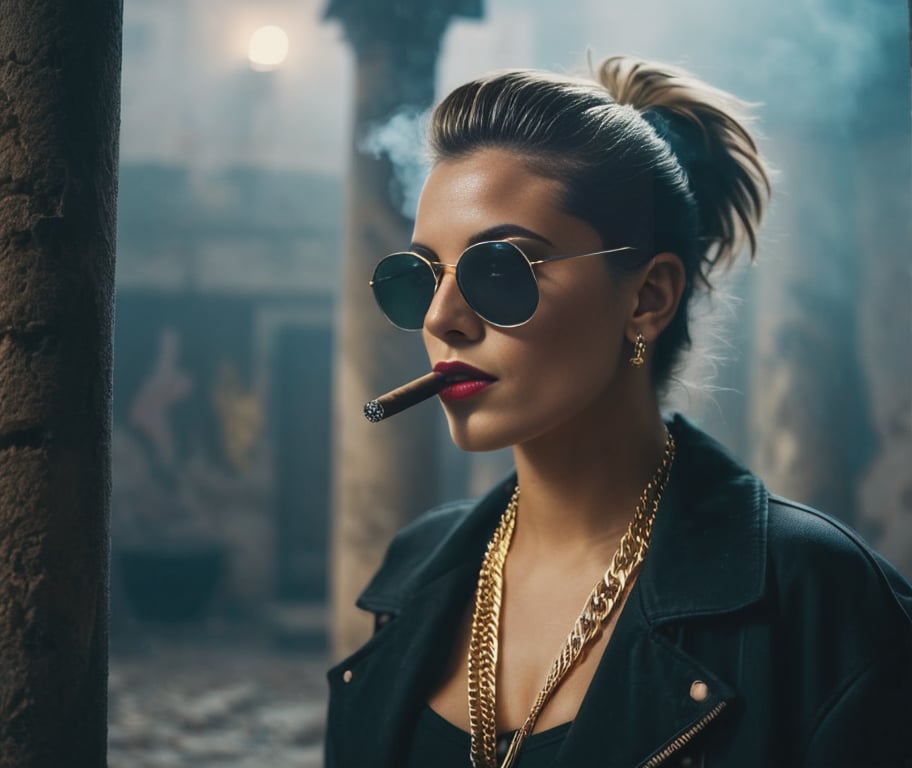 90s  woman,gansta rapper . Boss gangster in sunglasses and gold chain.  smokes a cigar near club.photo depth of field,shadows,grainy,seductive light particles,analog lofi  Rapperoff bare shoulders,oversized clothes,photo depth of field,shadows,grainy,seductive analog lofi (by Oleg Oprisco Laura Makabresku),(((raw photo))),(((woman))),small breasts,(full body),front view,inside a ruined hall with columns,scratched walls,graffiti,broken windows and light,fog,dust,in Prague,((( realistic))),(((professionally lit face))),(16k),street,dark,shadows,uhd,dslr,soft lighting,(backlight),high quality,(detailed face),film grain,best quality,professional photography,cinema,35mm,f1.2,Fujifilm XT3,(((Hyperrealism ))),(((hyperrealistic))),color graded portrait 400 film,realistic hair,ultra-realistic,outdoor,film camera,intricate detail,urban wear,fashion pose,DSLR,Lens Flare,Super-Resolution,vivid,urban,high detail,grainy,realistic,depth of field,8k uhd,ultra realistic,volumetric fog,overglaze,analog photography,film photography,dslr,cinema4d,studio quality,moonlight,twilight,