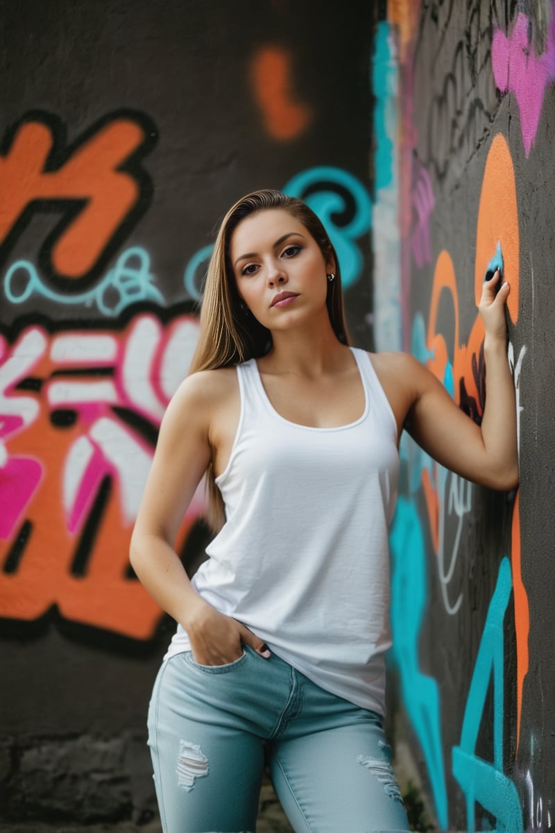 a woman with long hair standing next to a wall with graffiti on it and wearing a white tank top,Anna Hotchkis,portrait photography,dark cinematic aerial photo Desaturated,masterpiece,contest winner,RAW photo,subject,(high detailed skin:1.2),8k uhd,dslr,soft lighting,high quality,film grain,Fujifilm XT3,Film still,cinematic,photo of a cute woman,detailed skin texture,shot on film,vibrant colors,neon theme,graffiti art,graffiti,<lora:SDXL1.0-LoRa_Zeitgeist-Photographic-Style_by-AI_Characters-v2.0:1>,<lora:people_005_cosine_iter2_ 0000005_sdxl_10epoches_adafactor:1>