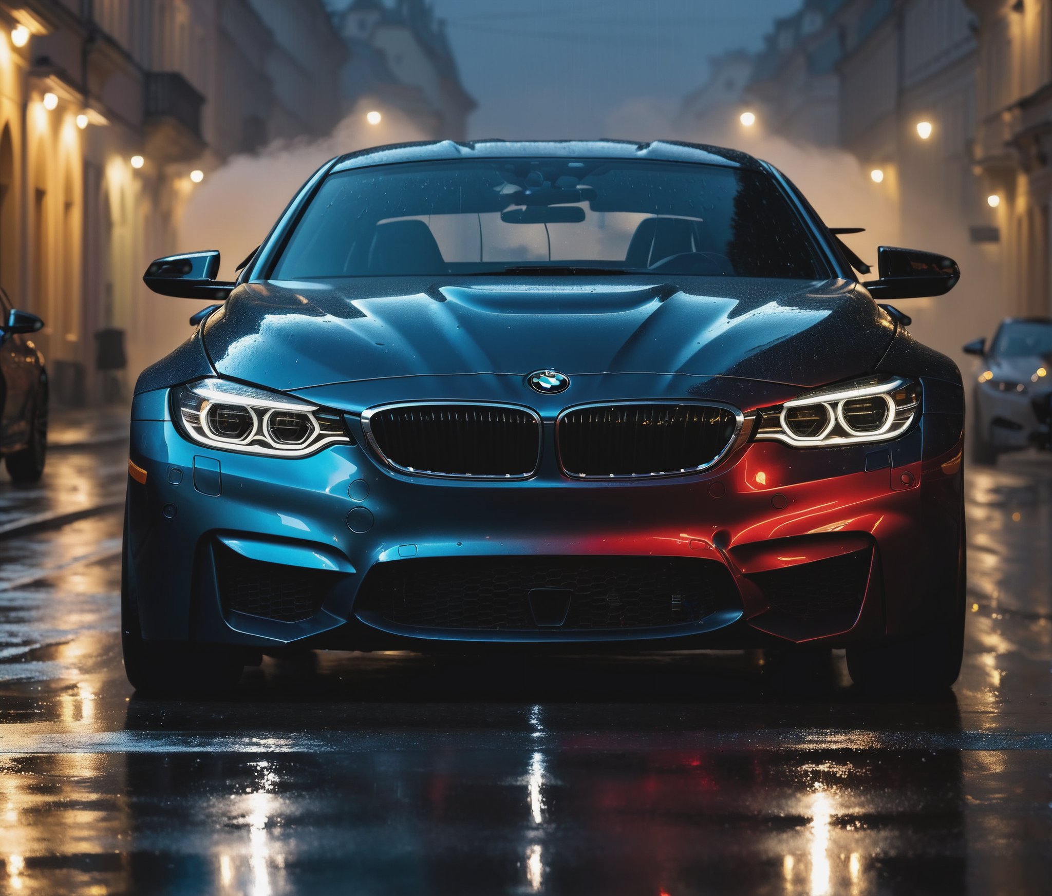 woman sitting on the hood of a bmw ,realistic paint,raw photo,8k,in the streets of Prague at night,dark windows,silhouette of a beautiful woman sitting on the hood,extremely detailed car,sports car,raining,drops,wet floor,splashing water,fine detail,hdr,ultra high-res,uhd,cinematic,bokeh,sublime,breathtaking,flashes,realistic color texture,photorealism,cinematic lighting,reflections,color reflections,lights on,lights on,reflected,driving,race,v motion,spinning wheels,fast,light,dark night,photorealistic physically and optically correct,neon background,extremely detailed car,telephoto,bokeh,extremely detailed car,extremely detailed background,reflections,unreal engine,raw photo,photorealism,street Smoke,moving wheels,blurred background,camera raw,analog photo,(((hyperrealistic))),realistic,8k,natural lighting,realistic car details,(backlight),professional photography,cinema,Super-res,16k,uhd,DSLR lens flare,raindrops,thick white fog,camera,fog lights,light from brake lights,vintage car