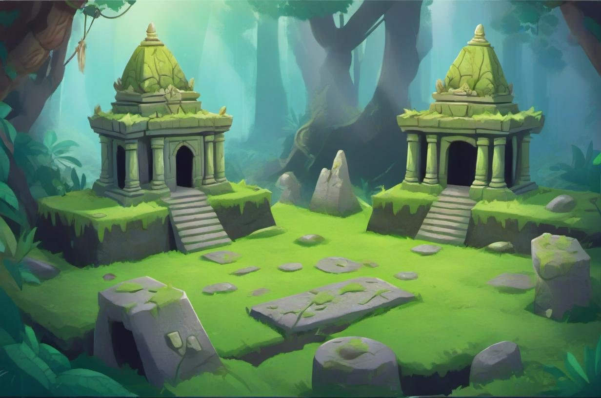 Ancient Temple Ruins: Moss-covered, intricate carvings, hidden traps, treasure hunters, echoing chambers, ancient relics., v3rd, flatee, <lora:BACKTOON_0.1_RC:0.7>