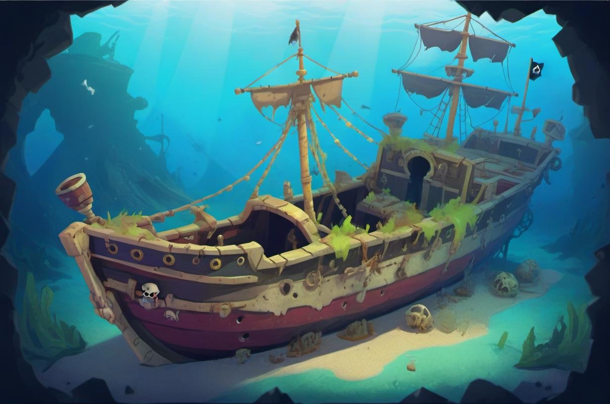 background Pirate Shipwreck: Decaying, barnacle-covered hull, buried chest, sunken riches, ghostly pirates, seaweed masts., v3rd, flatee, <lora:BACKTOON_0.1_RC:0.6>