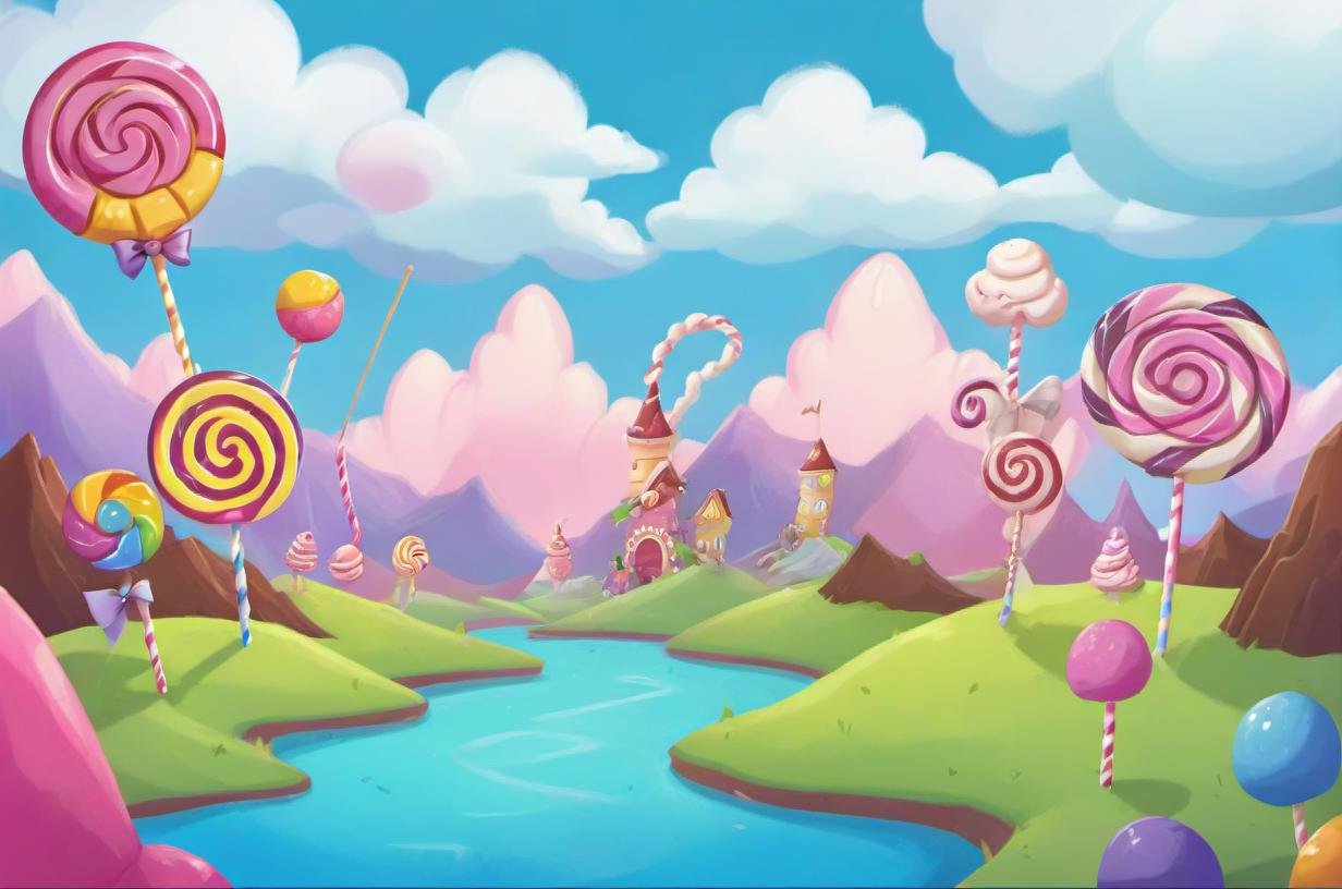 background plate, Candyland: Sugary, colorful, giant lollipops, chocolate rivers, cotton candy clouds, gumdrop mountains., v3rd, flatee, <lora:BACKTOON_0.1_RC:0.6>