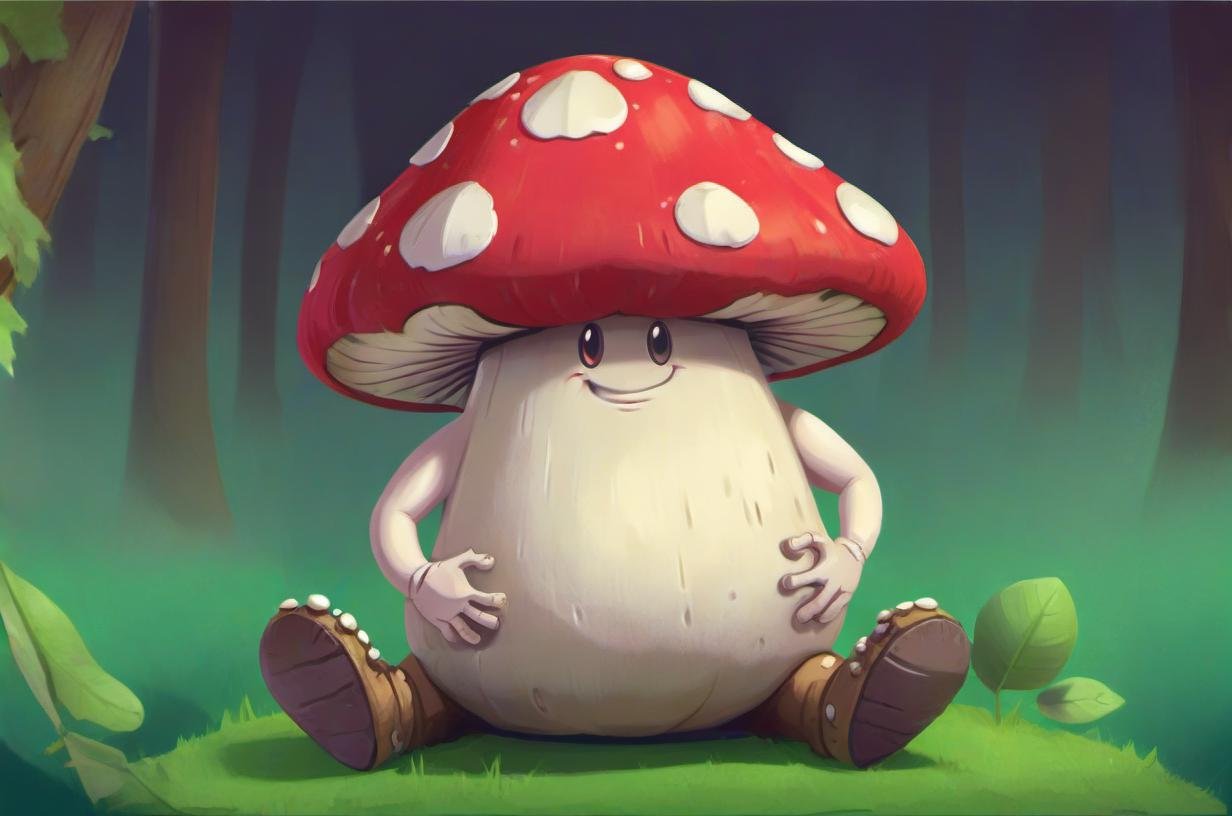 a giant cute mushroom character with arms and legs sitting down smi, v3rd, flatee, <lora:BACKTOON_0.1_RC:0.6>