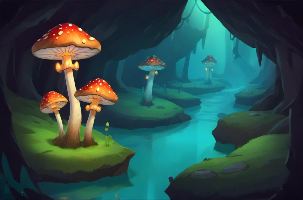 background Underground Wonderland: Glowing mushrooms, underground rivers, curious subterranean creatures, ancient caverns., v3rd, flatee, <lora:BACKTOON_0.1_RC:0.6>