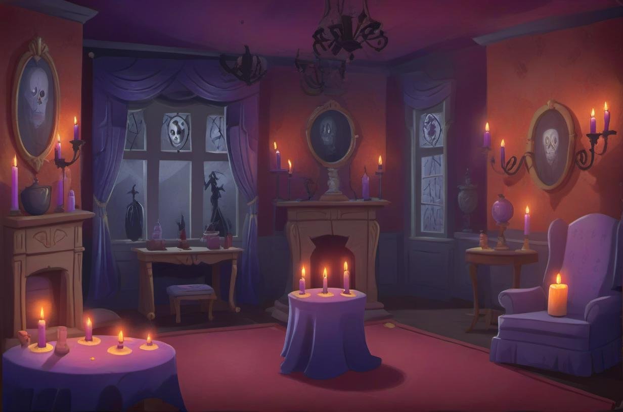 background Haunted Mansion: Eerie, cobweb-covered, flickering candles, ghostly apparitions, secret passages, spooky portraits., v3rd, flatee, <lora:BACKTOON_0.1_RC:0.6>