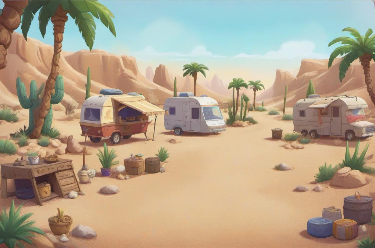 background Lost Desert Oasis: Hidden springs, palm tree oases, mirage illusions, nomadic traders, ancient caravans., v3rd, flatee, <lora:BACKTOON_0.1_RC:0.6>