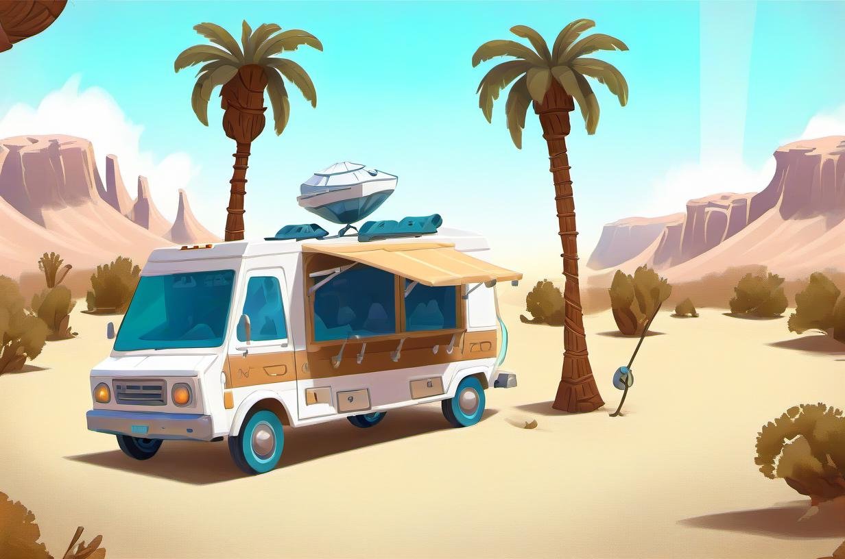 Lost Desert Oasis: Hidden springs, palm tree oases, mirage illusions, nomadic traders, ancient caravans., v3rd, flatee, cartoon, stylized, digital illustration  <lora:BACKTOON_0.1_RC:0.8>