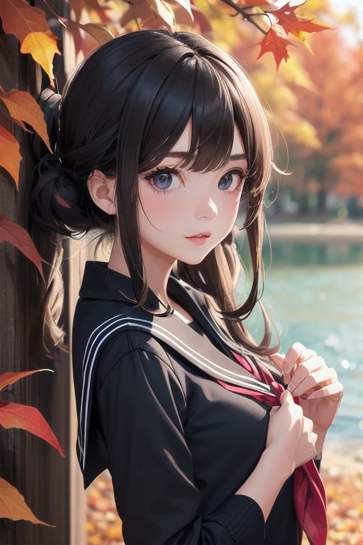 1 girl, autumn, autumn fashion, sailor suit, detailed background