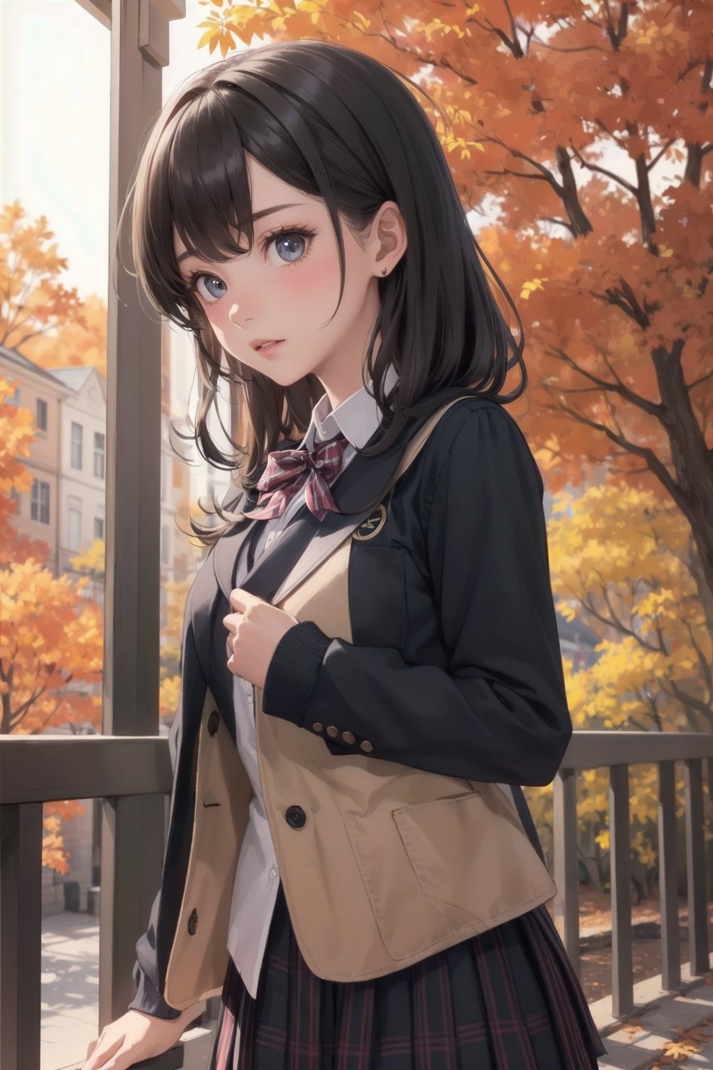 1 girl, autumn, autumn fashion, school_uniforms, detailed background