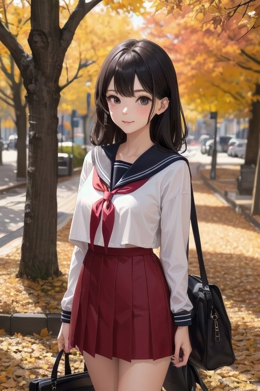 1 girl, autumn, autumn fashion, sailor suit, detailed background