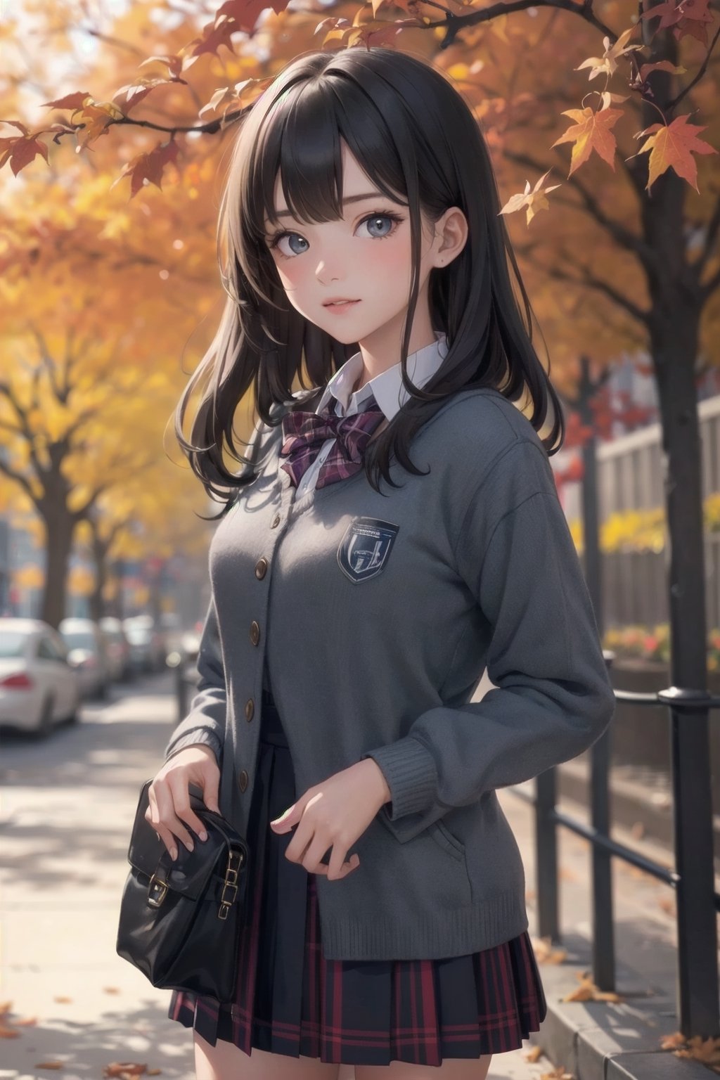 1 girl, autumn, autumn fashion, school_uniforms, detailed background