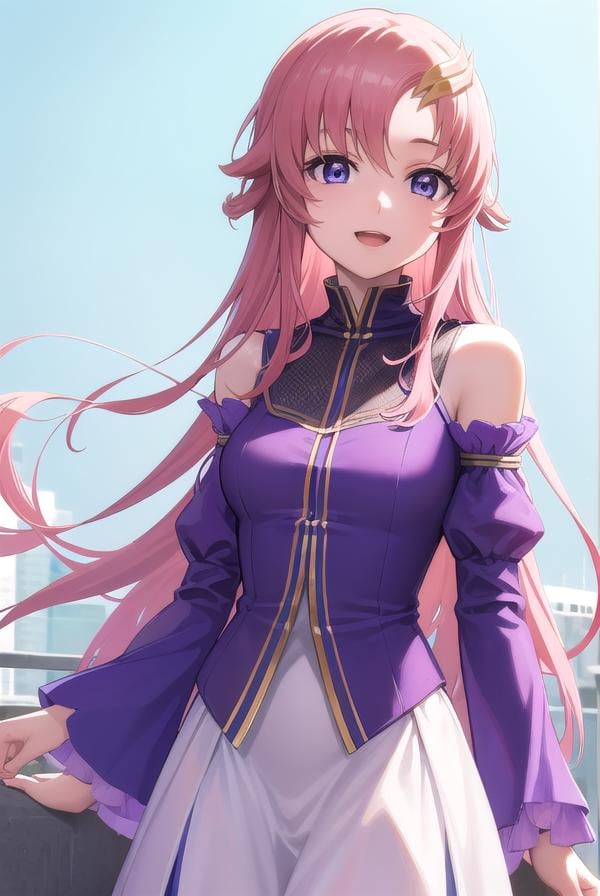 lacusclyne, <lora:lacusclyne-lora-nochekaiser:1>,lacus clyne, (purple eyes:1.1), hair ornament, long hair, wave hair ornament, pink hair, smile, open mouth,BREAK dress, long dress, long sleeves, white sleeves, frills frilled skirt, frilled sleeves, detached sleeves, bare shoulders, purple skirt, purple frills,BREAK looking at viewer, (cowboy shot:1.5),BREAK outdoors, space, star \(sky\), sun, BREAK <lyco:GoodHands-beta2:1>, (masterpiece:1.2), best quality, high resolution, unity 8k wallpaper, (illustration:0.8), (beautiful detailed eyes:1.6), extremely detailed face, perfect lighting, extremely detailed CG, (perfect hands, perfect anatomy),