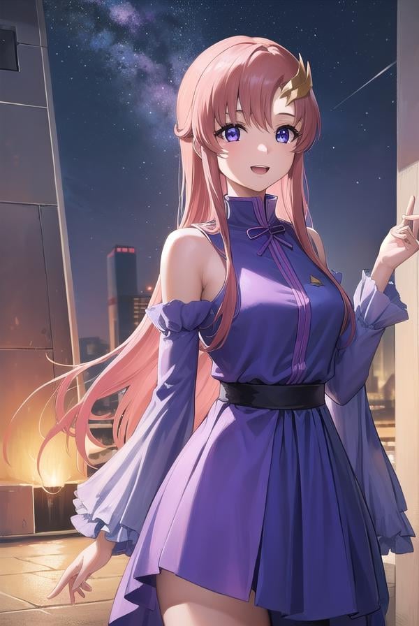 lacusclyne, <lora:lacusclyne-lora-nochekaiser:1>,lacus clyne, (purple eyes:1.1), hair ornament, long hair, wave hair ornament, pink hair, smile, open mouth,BREAK dress, long dress, long sleeves, white sleeves, frills frilled skirt, frilled sleeves, detached sleeves, bare shoulders, purple skirt, purple frills,BREAK looking at viewer, (cowboy shot:1.5),BREAK outdoors, space, star \(sky\), sun, BREAK <lyco:GoodHands-beta2:1>, (masterpiece:1.2), best quality, high resolution, unity 8k wallpaper, (illustration:0.8), (beautiful detailed eyes:1.6), extremely detailed face, perfect lighting, extremely detailed CG, (perfect hands, perfect anatomy),