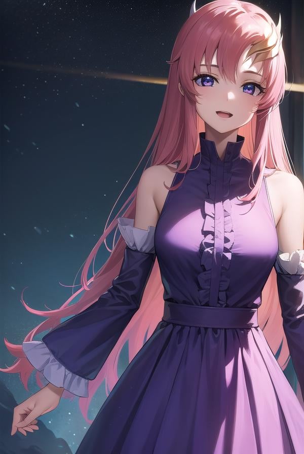 lacusclyne, <lora:lacusclyne-lora-nochekaiser:1>,lacus clyne, (purple eyes:1.1), hair ornament, long hair, wave hair ornament, pink hair, smile, open mouth,BREAK dress, long dress, long sleeves, white sleeves, frills frilled skirt, frilled sleeves, detached sleeves, bare shoulders, purple skirt, purple frills,BREAK looking at viewer, (cowboy shot:1.5),BREAK outdoors, space, star \(sky\), sun, BREAK <lyco:GoodHands-beta2:1>, (masterpiece:1.2), best quality, high resolution, unity 8k wallpaper, (illustration:0.8), (beautiful detailed eyes:1.6), extremely detailed face, perfect lighting, extremely detailed CG, (perfect hands, perfect anatomy),