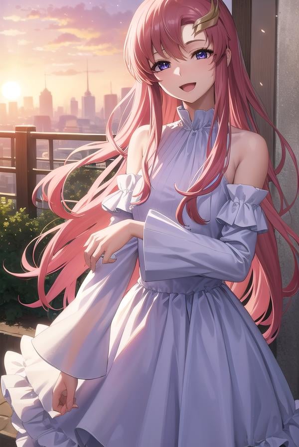 lacusclyne, <lora:lacusclyne-lora-nochekaiser:1>,lacus clyne, (purple eyes:1.1), hair ornament, long hair, wave hair ornament, pink hair, <lora:nikkori_v200:1>, smile, open mouth,BREAK dress, long dress, white dress, long sleeves, white sleeves, frills frilled skirt, frilled sleeves, detached sleeves, bare shoulders, purple skirt, purple frills,BREAK looking at viewer, (cowboy shot:1.5),BREAK outdoors, space, star \(sky\), sun, BREAK <lyco:GoodHands-beta2:1>, (masterpiece:1.2), best quality, high resolution, unity 8k wallpaper, (illustration:0.8), (beautiful detailed eyes:1.6), extremely detailed face, perfect lighting, extremely detailed CG, (perfect hands, perfect anatomy),