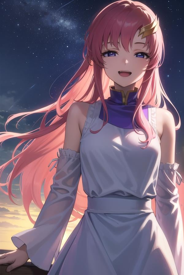 lacusclyne, <lora:lacusclyne-lora-nochekaiser:1>,lacus clyne, (purple eyes:1.1), hair ornament, long hair, wave hair ornament, pink hair, <lora:nikkori_v200:1>, smile, open mouth,BREAK dress, long dress, white dress, long sleeves, white sleeves, frills frilled skirt, frilled sleeves, detached sleeves, bare shoulders, purple skirt, purple frills,BREAK looking at viewer, (cowboy shot:1.5),BREAK outdoors, space, star \(sky\), sun, BREAK <lyco:GoodHands-beta2:1>, (masterpiece:1.2), best quality, high resolution, unity 8k wallpaper, (illustration:0.8), (beautiful detailed eyes:1.6), extremely detailed face, perfect lighting, extremely detailed CG, (perfect hands, perfect anatomy),