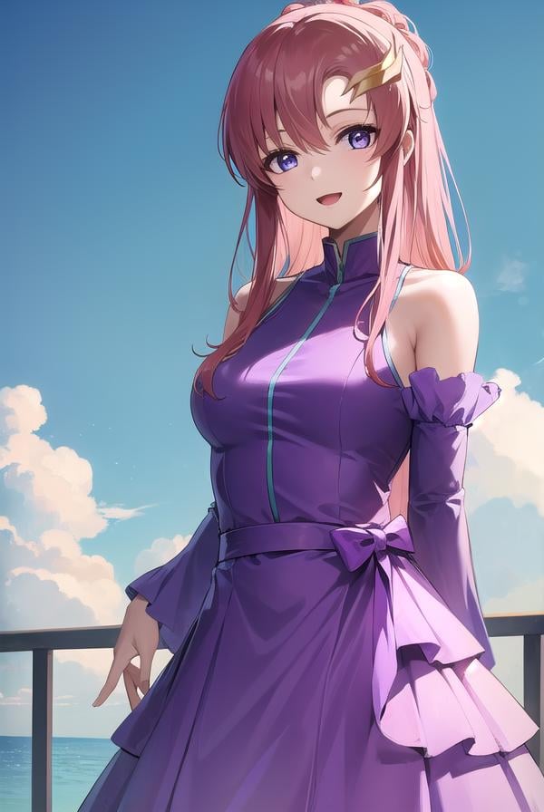 lacusclyne, <lora:lacusclyne-lora-nochekaiser:1>,lacus clyne, (purple eyes:1.1), hair ornament, long hair, wave hair ornament, pink hair, smile, open mouth,BREAK dress, long dress, long sleeves, white sleeves, frills frilled skirt, frilled sleeves, detached sleeves, bare shoulders, purple skirt, purple frills,BREAK looking at viewer, (cowboy shot:1.5),BREAK outdoors, space, star \(sky\), sun, BREAK <lyco:GoodHands-beta2:1>, (masterpiece:1.2), best quality, high resolution, unity 8k wallpaper, (illustration:0.8), (beautiful detailed eyes:1.6), extremely detailed face, perfect lighting, extremely detailed CG, (perfect hands, perfect anatomy),