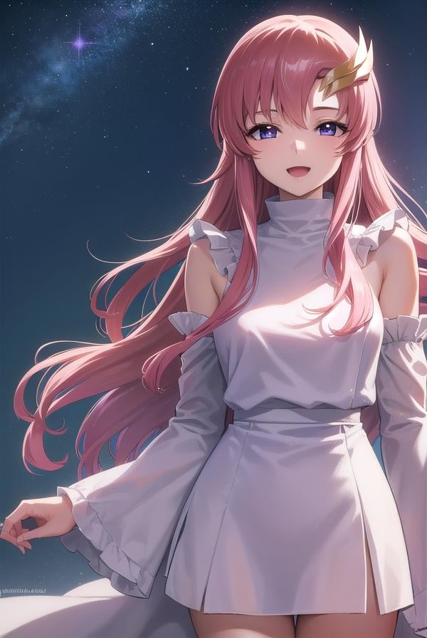 lacusclyne, <lora:lacusclyne-lora-nochekaiser:1>,lacus clyne, (purple eyes:1.1), hair ornament, long hair, wave hair ornament, pink hair, <lora:nikkori_v200:1>, smile, open mouth,BREAK dress, long dress, white dress, long sleeves, white sleeves, frills frilled skirt, frilled sleeves, detached sleeves, bare shoulders, purple skirt, purple frills,BREAK looking at viewer, (cowboy shot:1.5),BREAK outdoors, space, star \(sky\), sun, BREAK <lyco:GoodHands-beta2:1>, (masterpiece:1.2), best quality, high resolution, unity 8k wallpaper, (illustration:0.8), (beautiful detailed eyes:1.6), extremely detailed face, perfect lighting, extremely detailed CG, (perfect hands, perfect anatomy),