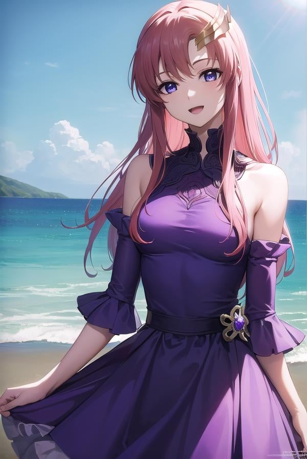 lacusclyne, <lora:lacusclyne-lora-nochekaiser:1>,lacus clyne, (purple eyes:1.1), hair ornament, long hair, wave hair ornament, pink hair, smile, open mouth,BREAK dress, long dress, long sleeves, white sleeves, frills frilled skirt, frilled sleeves, detached sleeves, bare shoulders, purple skirt, purple frills,BREAK looking at viewer, (cowboy shot:1.5),BREAK outdoors, space, star \(sky\), sun, BREAK <lyco:GoodHands-beta2:1>, (masterpiece:1.2), best quality, high resolution, unity 8k wallpaper, (illustration:0.8), (beautiful detailed eyes:1.6), extremely detailed face, perfect lighting, extremely detailed CG, (perfect hands, perfect anatomy),