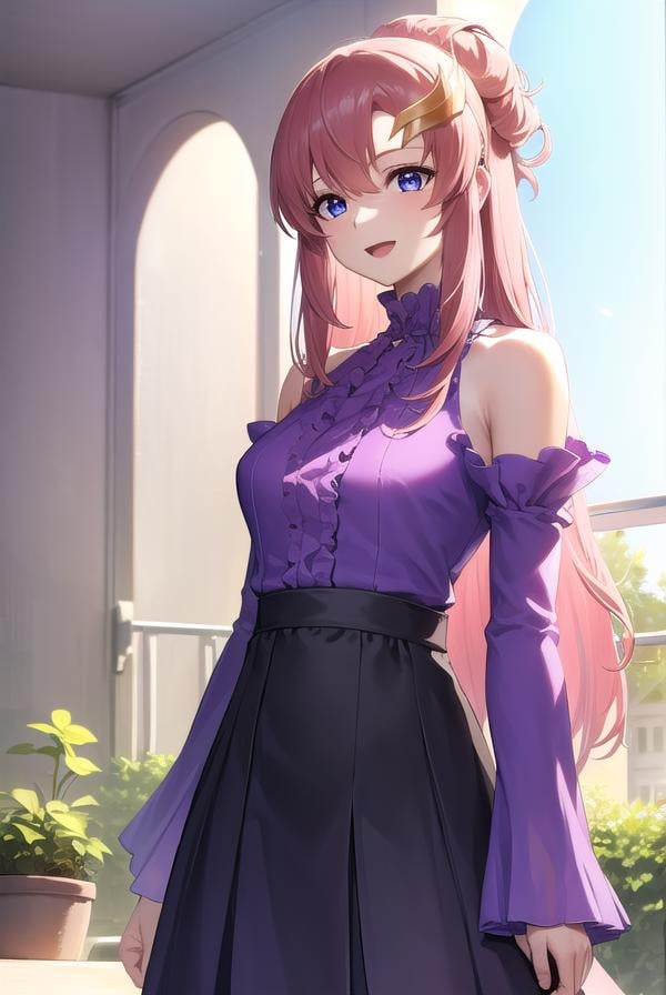 lacusclyne, <lora:lacusclyne-lora-nochekaiser:1>,lacus clyne, (purple eyes:1.1), hair ornament, long hair, wave hair ornament, pink hair, smile, open mouth,BREAK dress, long dress, long sleeves, white sleeves, frills frilled skirt, frilled sleeves, detached sleeves, bare shoulders, purple skirt, purple frills,BREAK looking at viewer, (cowboy shot:1.5),BREAK outdoors, space, star \(sky\), sun, BREAK <lyco:GoodHands-beta2:1>, (masterpiece:1.2), best quality, high resolution, unity 8k wallpaper, (illustration:0.8), (beautiful detailed eyes:1.6), extremely detailed face, perfect lighting, extremely detailed CG, (perfect hands, perfect anatomy),