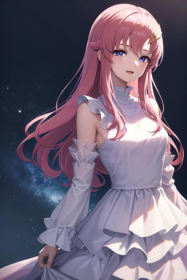 lacusclyne, <lora:lacusclyne-lora-nochekaiser:1>,lacus clyne, (purple eyes:1.1), hair ornament, long hair, wave hair ornament, pink hair, <lora:nikkori_v200:1>, smile, open mouth,BREAK dress, long dress, white dress, long sleeves, white sleeves, frills frilled skirt, frilled sleeves, detached sleeves, bare shoulders, purple skirt, purple frills,BREAK looking at viewer, (cowboy shot:1.5),BREAK outdoors, space, star \(sky\), sun, BREAK <lyco:GoodHands-beta2:1>, (masterpiece:1.2), best quality, high resolution, unity 8k wallpaper, (illustration:0.8), (beautiful detailed eyes:1.6), extremely detailed face, perfect lighting, extremely detailed CG, (perfect hands, perfect anatomy),